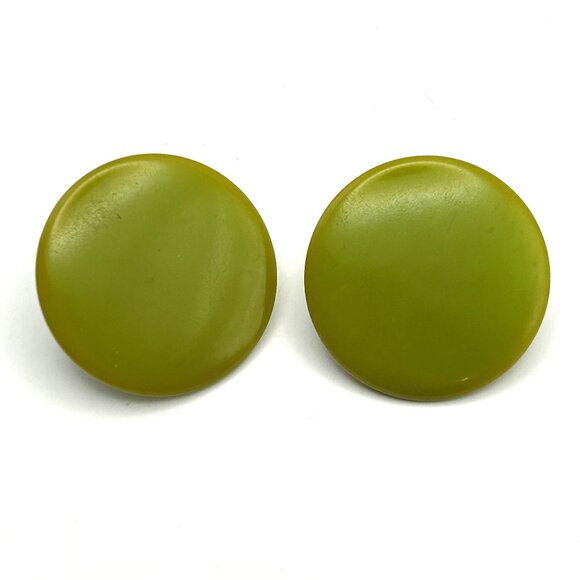 Vintage Bakelite Clip On Chartreuse Green Round Button 1.5” Earrings Tested - Picture 1 of 8